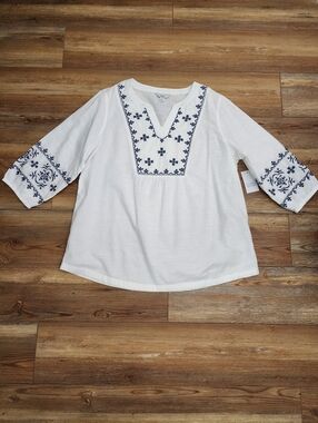 Croft & Barrow White Boho Embroidered Peasant Blouse Women's XL NEW